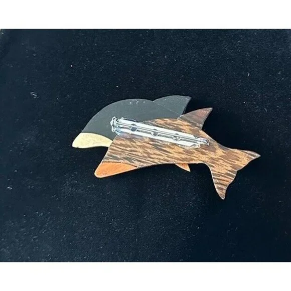Wood Wooden Double Fish Dolphin Pin‎ Brooch Abalone - Picture 4 of 5